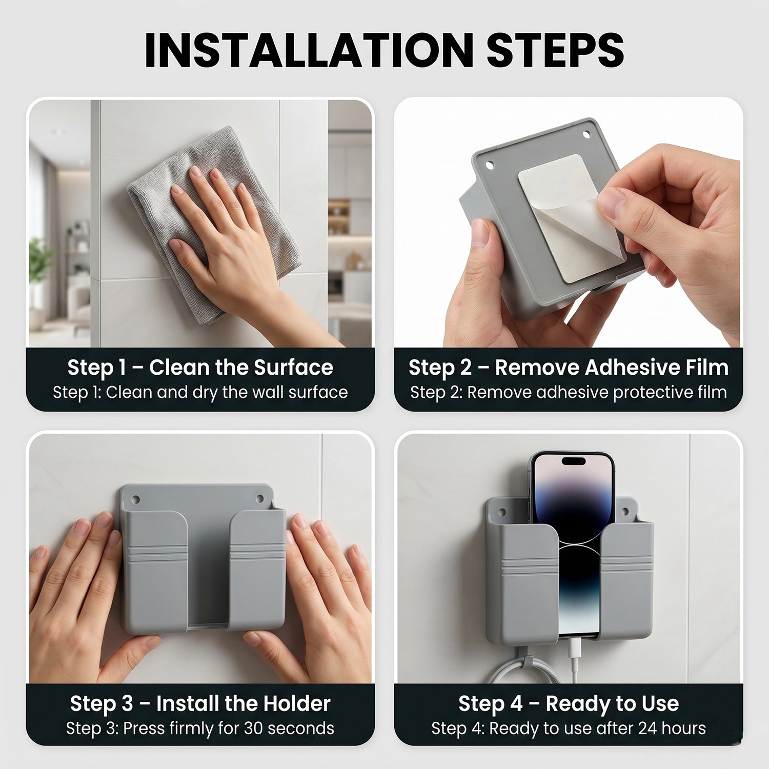 Wall-mounted Wukusy mobile remote holder, space-saving organizer with multiple compartments for easy device storage and accessibility.