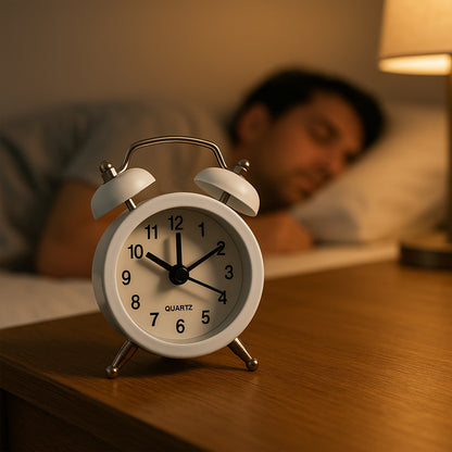 Wukusy small twin-bell analog alarm clock showing time with two bells on top, black and white face, and classic design.