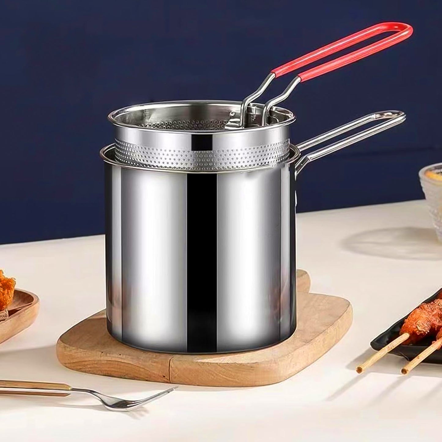 Wukusy small deep frying pot with strainer basket set, stainless steel, compact kitchen cookware for frying and draining foods.