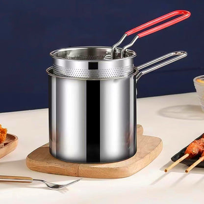 Wukusy small deep frying pot with strainer basket set, stainless steel, compact kitchen cookware for frying and draining foods.