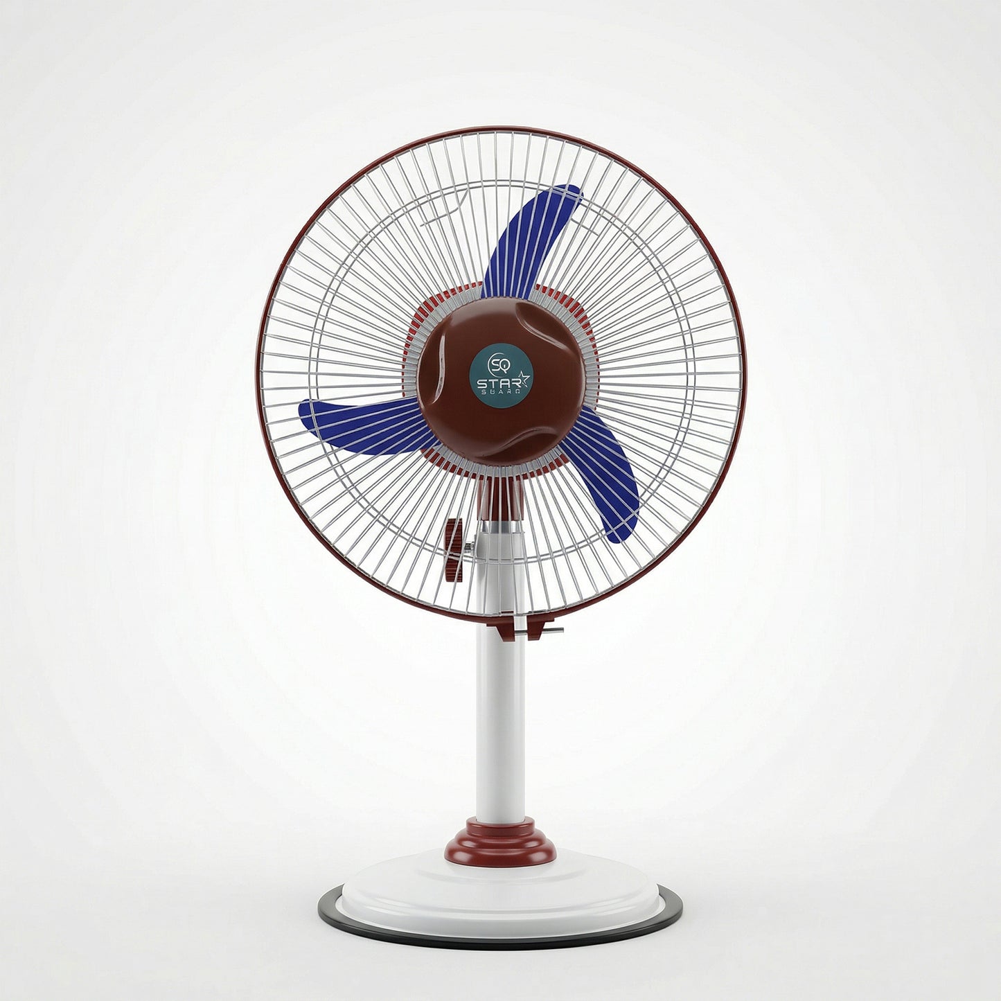 Wukusy Omega 12V rechargeable pedestal fan with LED light, showing adjustable height and modern design in a home setting.