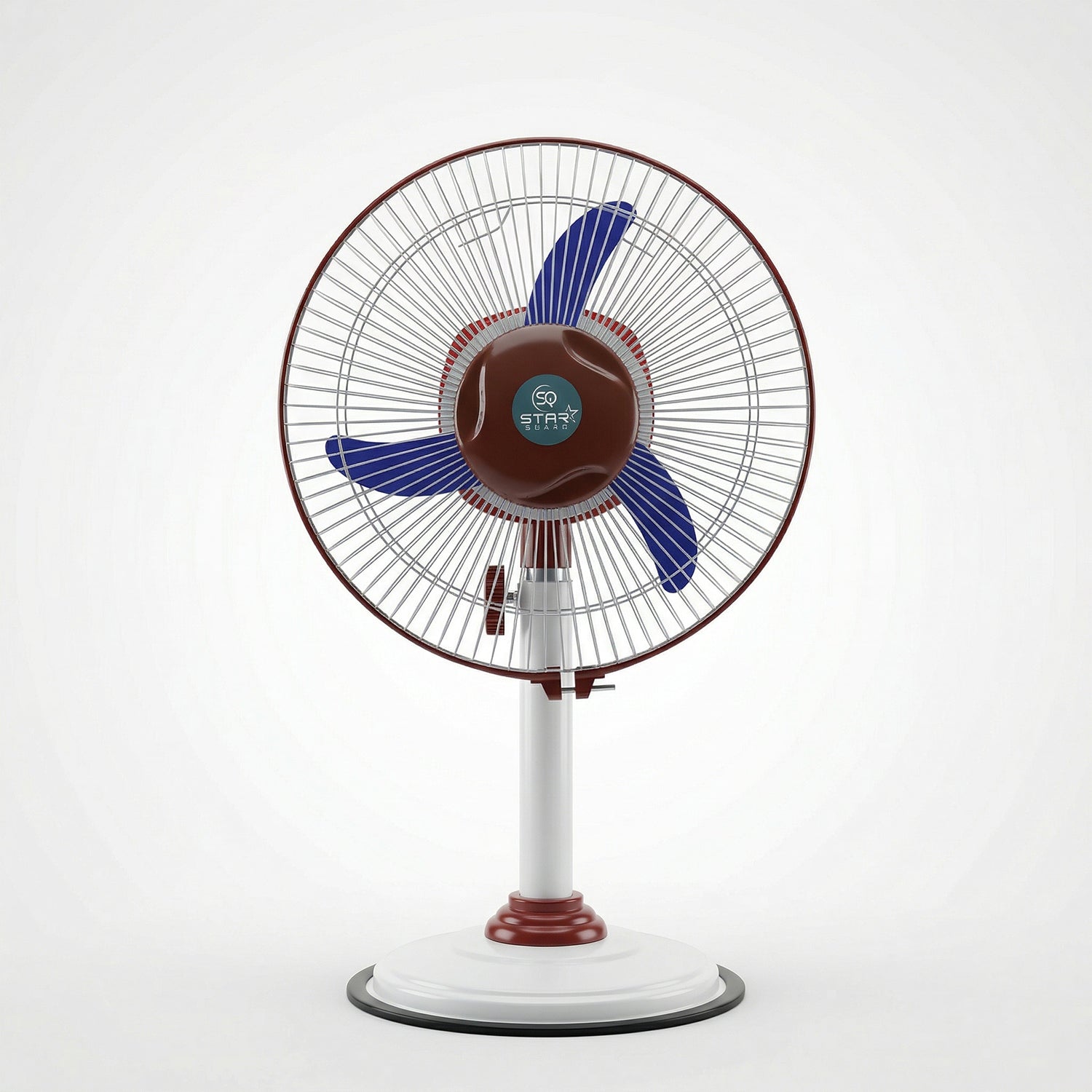 Wukusy Omega 12V rechargeable pedestal fan with LED light, showing adjustable height and modern design in a home setting.