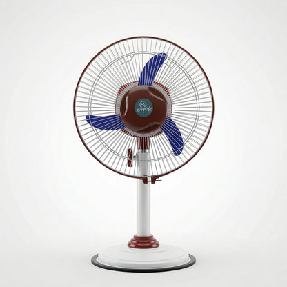 Wukusy Omega 12V rechargeable pedestal fan with LED light, showing adjustable height and modern design in a home setting.