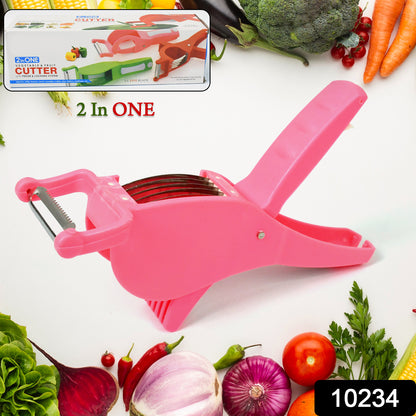 Wukusy plastic 2-in-1 vegetable and fruit multi-cutter with five blades and peeler, multicolor kitchen tool for slicing and peeling.