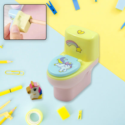Two Wukusy toilet-shaped plastic pencil sharpeners with erasers, featuring a small cartoon toilet design for school and office use.