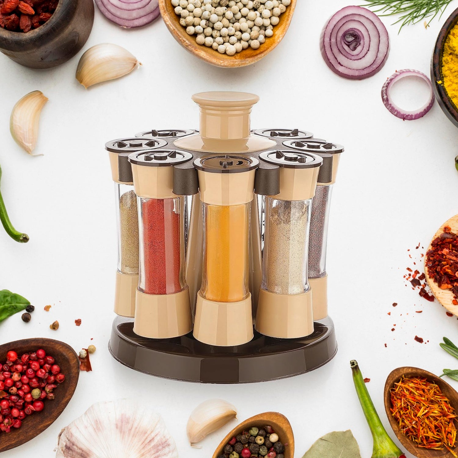 Wukusy 360-degree revolving spice rack with 8 spice jars, ideal for kitchen and dining table storage and organization.