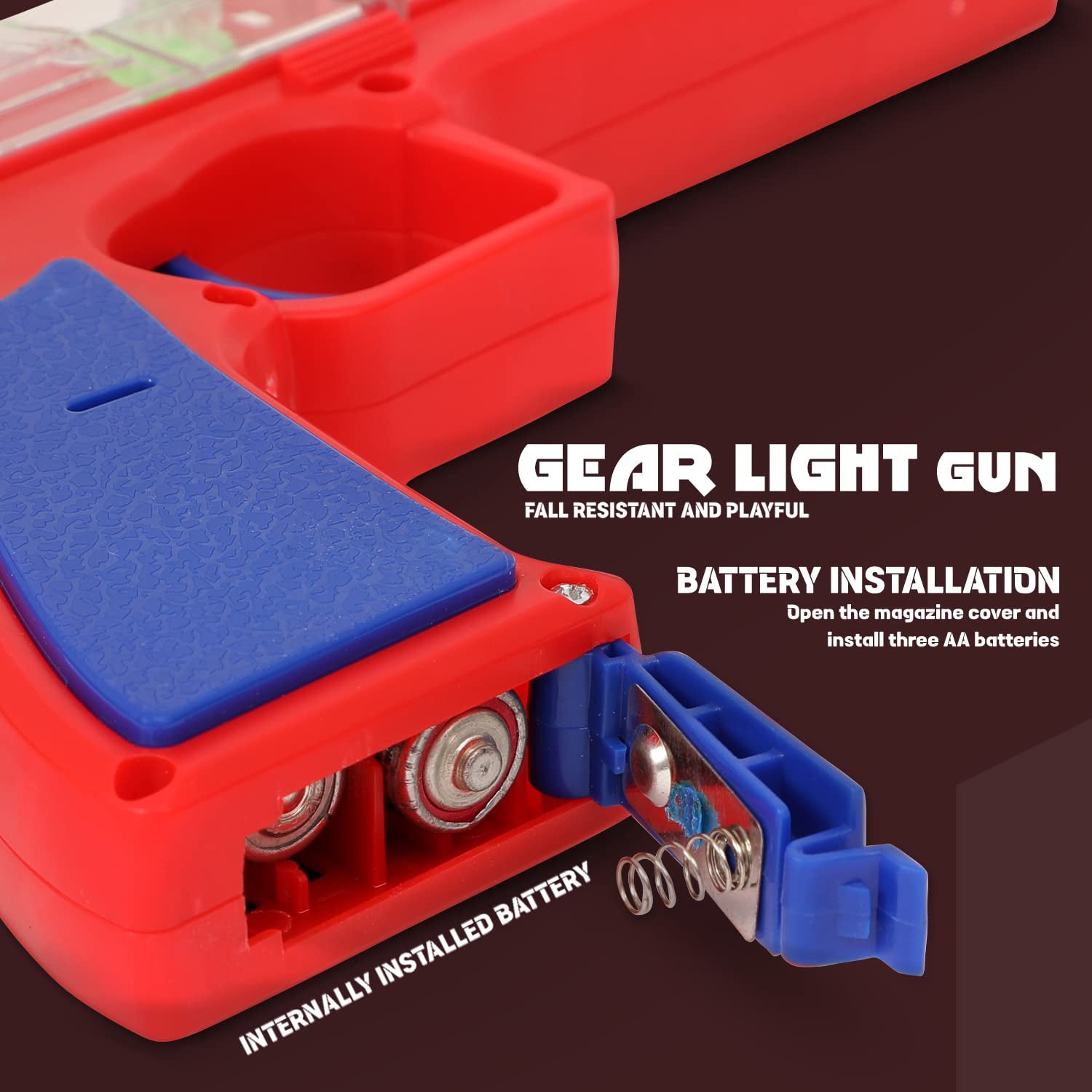 Wukusy 1941 plastic gear simulation toy gun for kids with flashing lights, music, and rotating gear mechanism for pretend play.