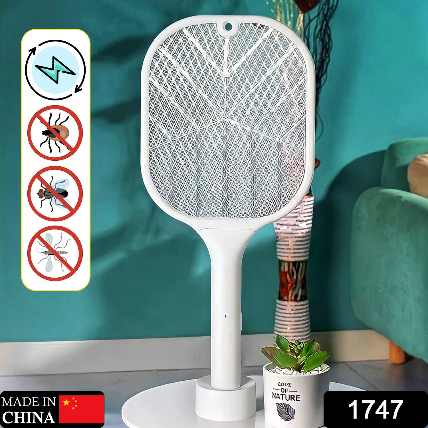 Wukusy 1747 mosquito killer racket with UV light, USB charging base, electric fly swatter for home insect control, rechargeable.
