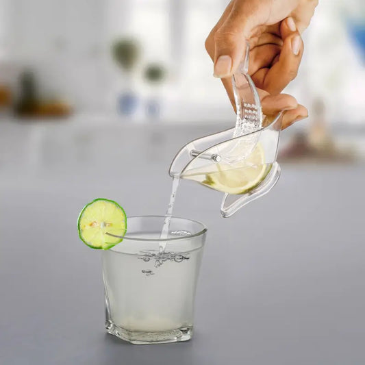 Ekom manual lemon and citrus squeezer in bird shape, portable transparent fruit juicer for lemon, lime, and orange in kitchen.