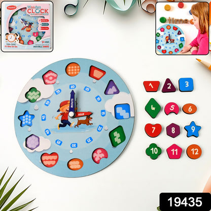 Wukusy Aditi wooden educational learning clock toy with movable hands, designed for teaching kids to tell time.