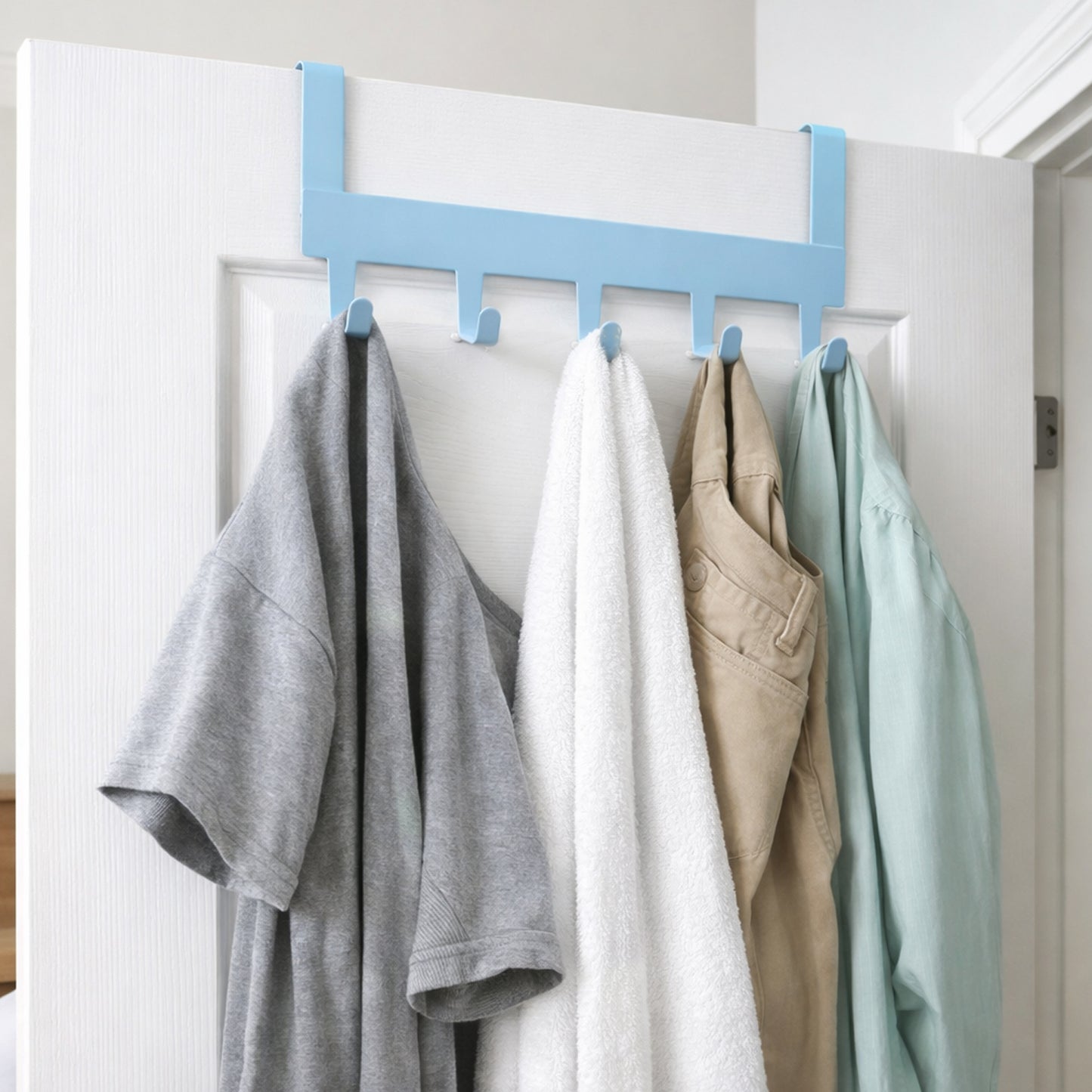 Wukusy multi-purpose metal hanging rack with 5 hooks, wall-mounted storage for organizing items in a home or workshop.