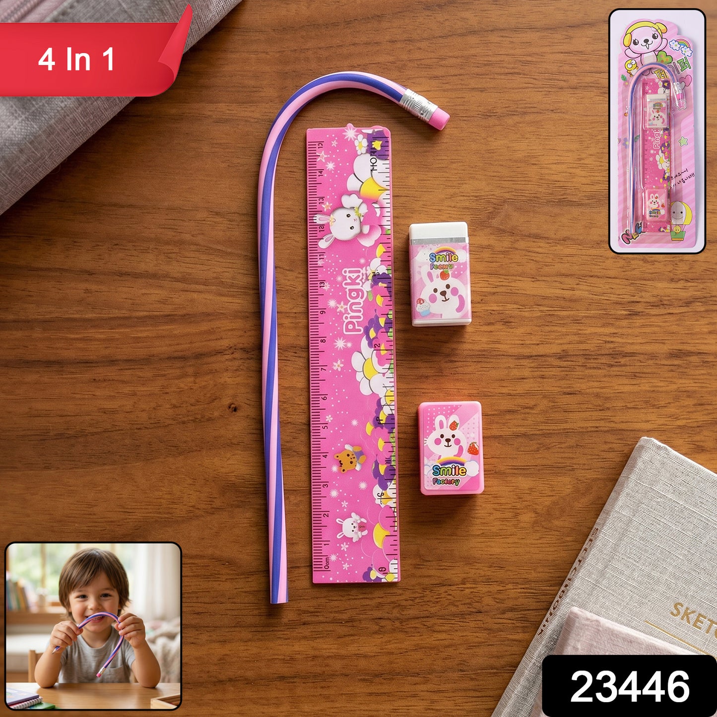 Pink 4-in-1 stationery set by Wukusy with ruler, pencil, eraser, and sharpener on a white background.