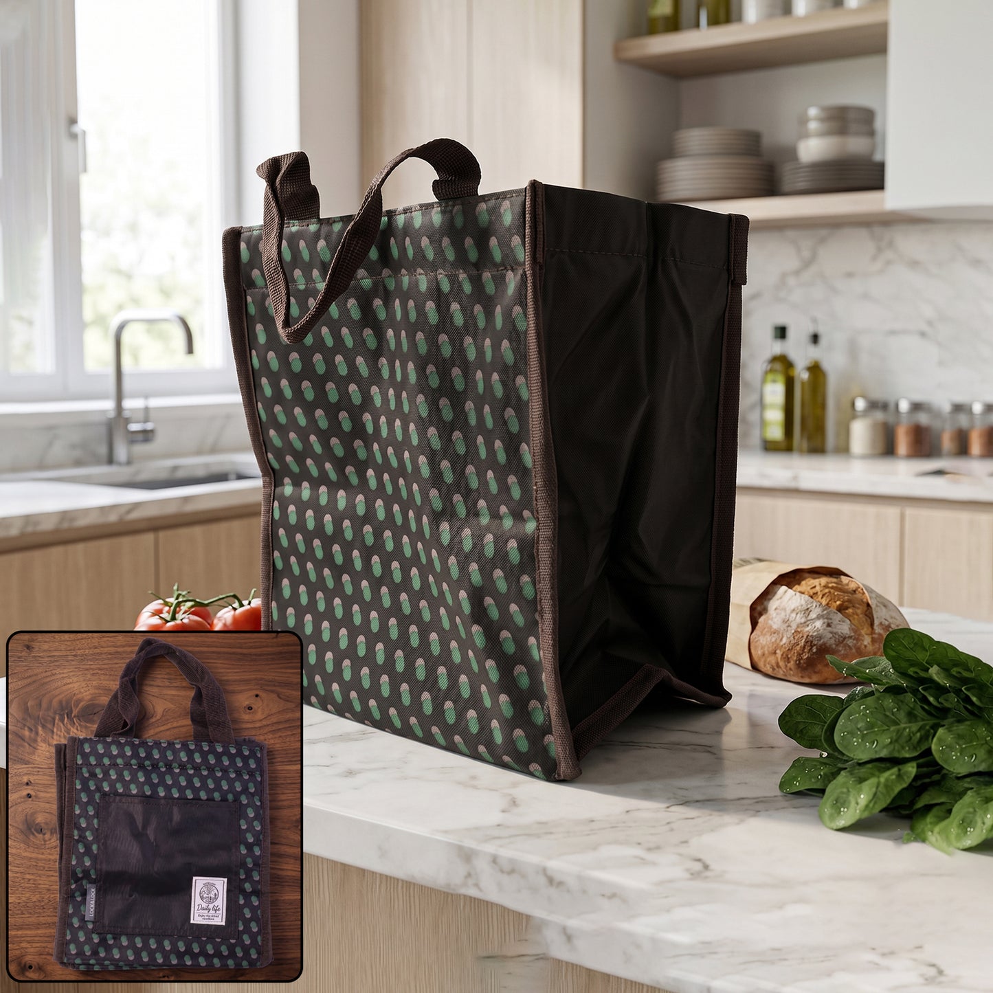 Reusable Wukusy multipurpose carry bag, 23x22 cm, with sturdy fabric handles shown in the image.
