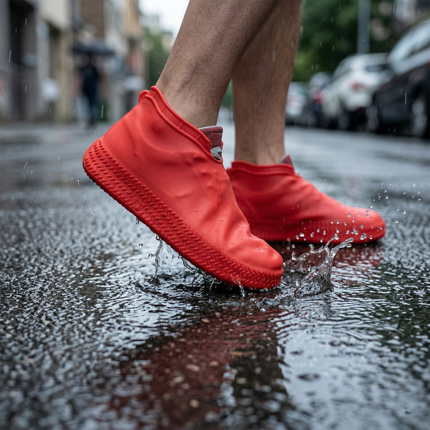 Red waterproof silicone shoe covers by Wukusy, pair in medium size, protecting shoes from water and weather.