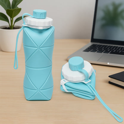 Wukusy 600ml collapsible silicone water bottle for travel, sports, gym, and office, shown in expanded form with blue lid and body.