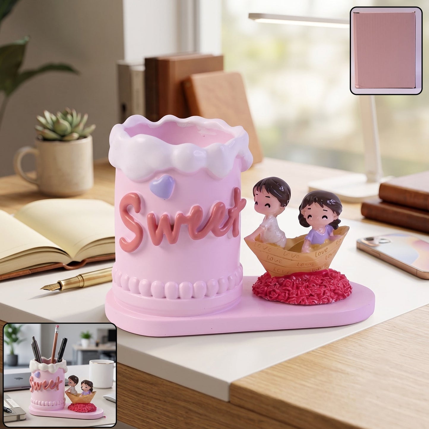 Wukusy romantic love couple resin desk organizer with pencil cup, featuring a charming couple design for office or home use.