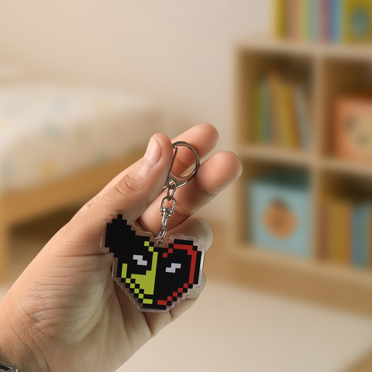 Pixel style acrylic cartoon keychain with funky design, featuring vibrant colors and Wukusy branding, ideal for home decor accessories.