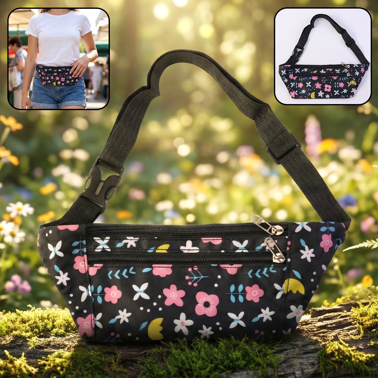 Wukusy floral print adjustable waist bag with a zippered compartment and colorful floral design, perfect for casual wear.