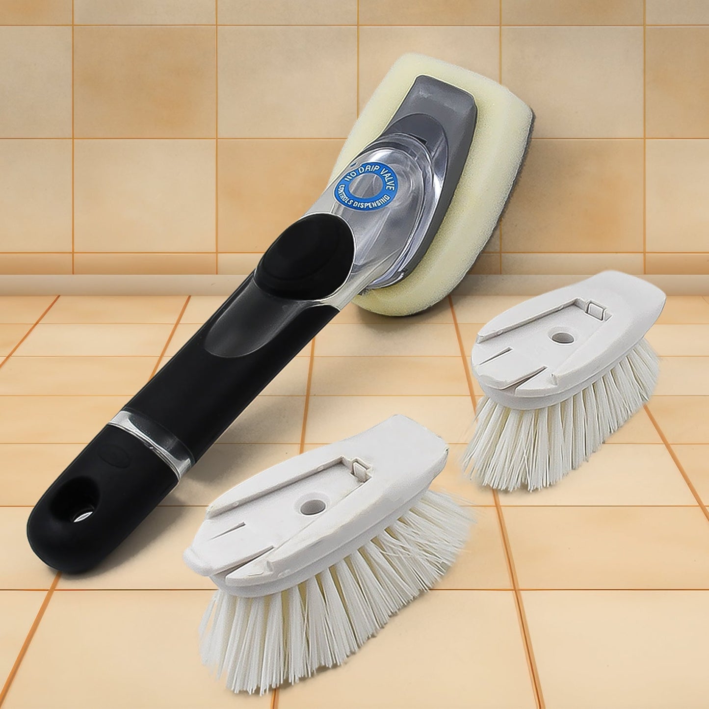 Wukusy dish scrubber set with soap dispenser and brush, featuring a plastic handle and bristles for effective kitchen cleaning.