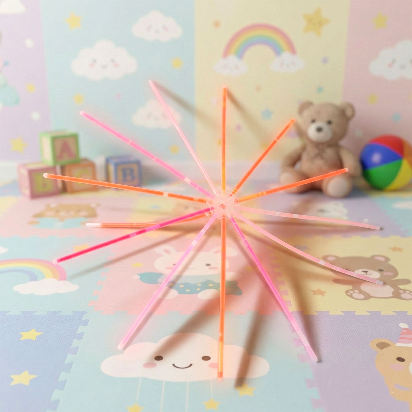 Wukusy Dark Glow Chakdol toy set with 13 glow sticks arranged in a playful pattern on a white background.