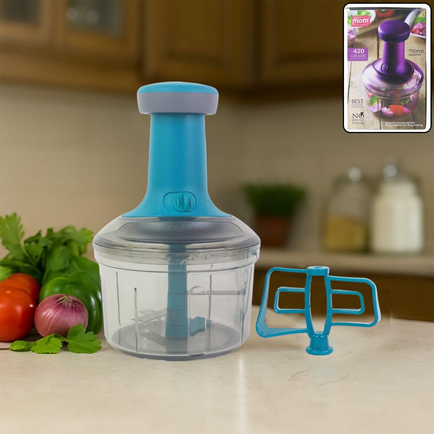 Wukusy Supermom Premium Manual Push Chopper and Vegetable Cutter with 750ml capacity, compact kitchen tool for chopping vegetables.
