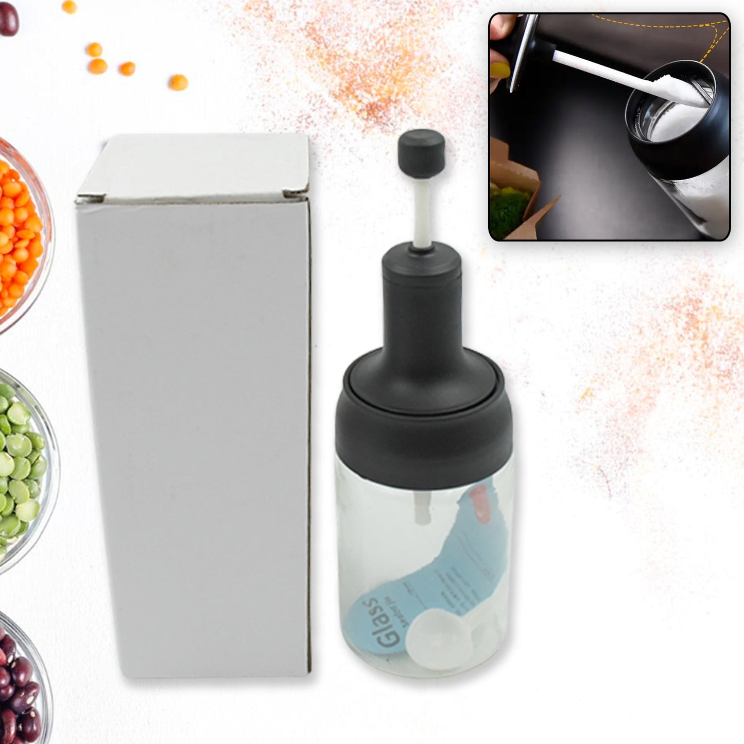 Wukusy heat-resistant glass condiment container with airtight cap, includes serving spoon, used for salt, spices, honey, or sugar.