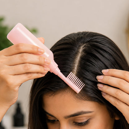 Wukusy 2-in-1 hair oil applicator bottle with scalp comb for root care, showing its nozzle and comb for easy oil application.