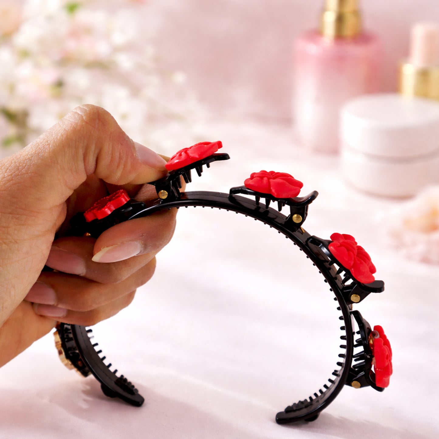 Wukusy decorative floral headband with built-in mini claw clips, featuring colorful fabric flowers and adjustable hair band.