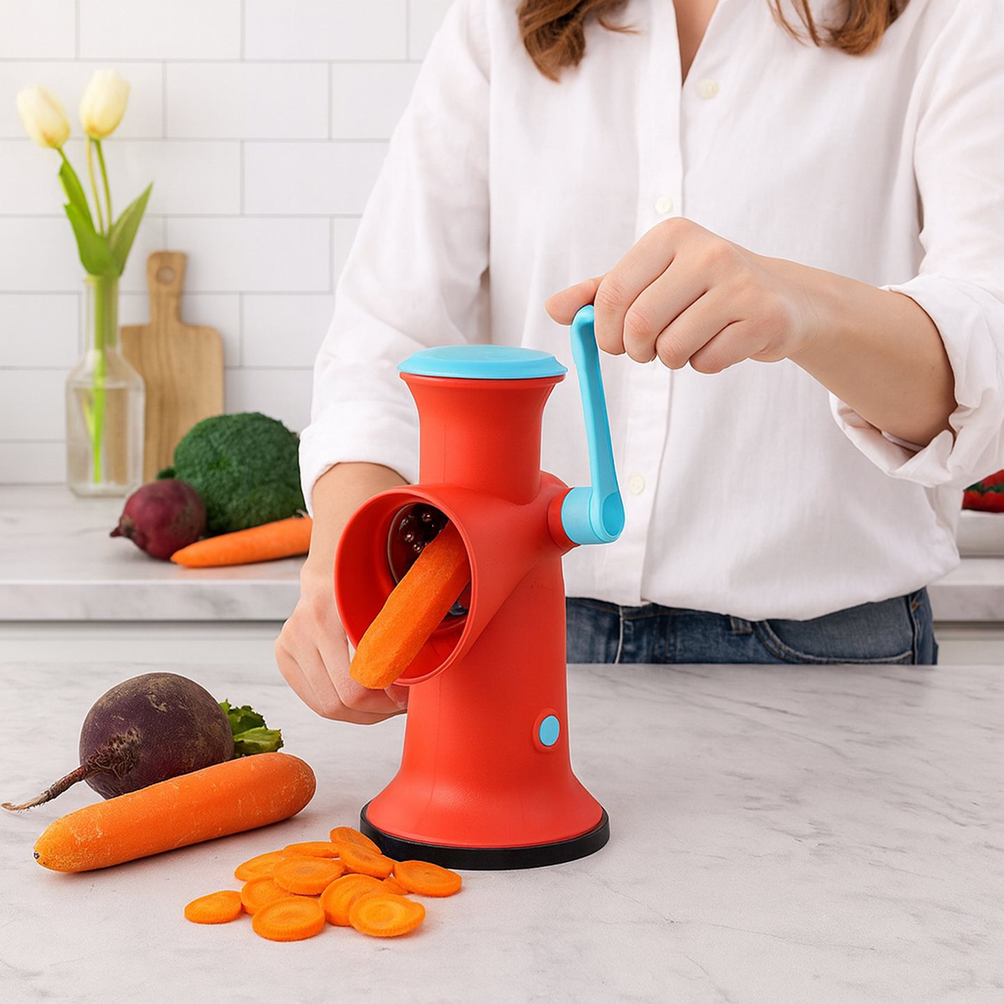 Wukusy Apex 4-in-1 signature rotary grater with interchangeable blades, showing different grating surfaces and ergonomic handle.