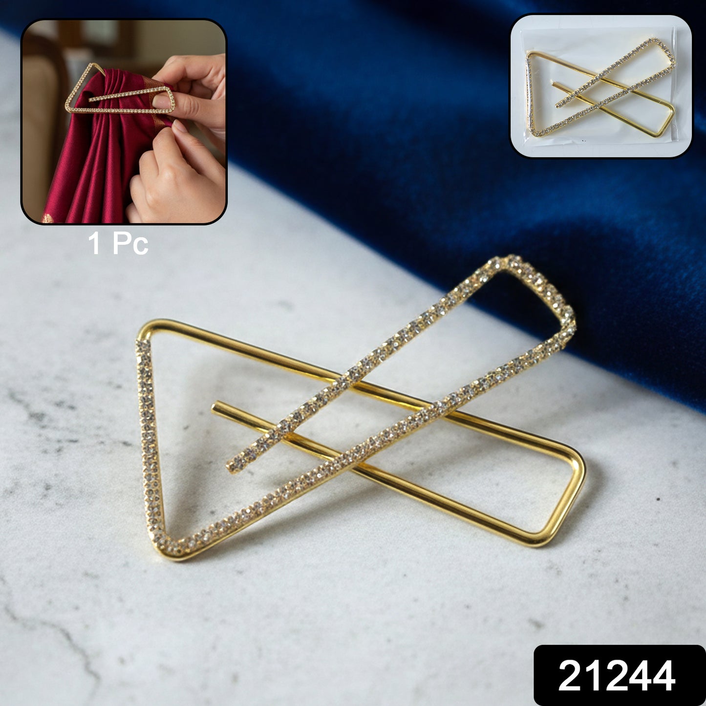 Golden crystal triangle saree safety pin brooch by Wukusy, featuring a sparkling crystal design and secure fastening for sarees.
