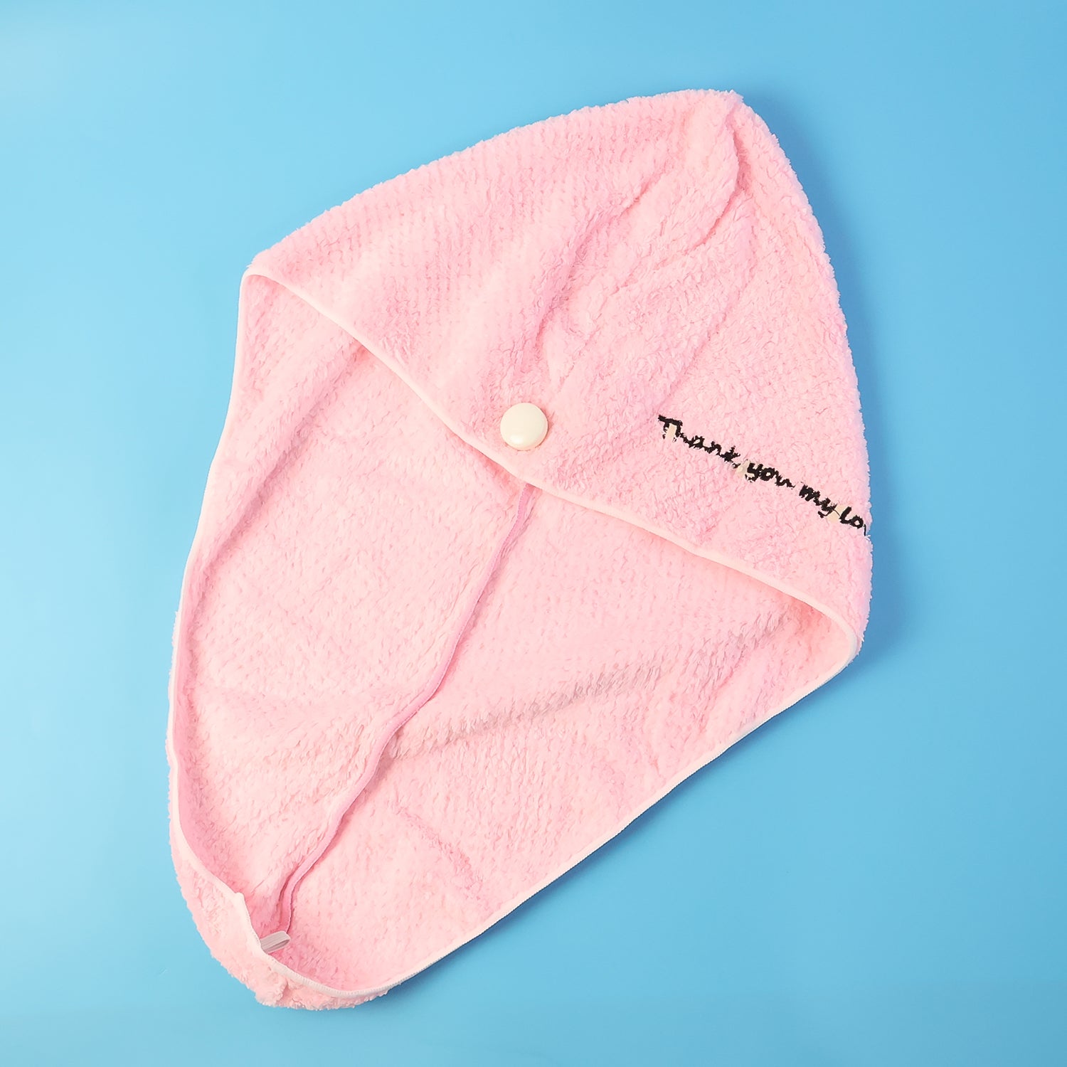 Wukusy microfiber hair drying towel wrap with button lock, soft and absorbent for quick hair drying, shown on a model.