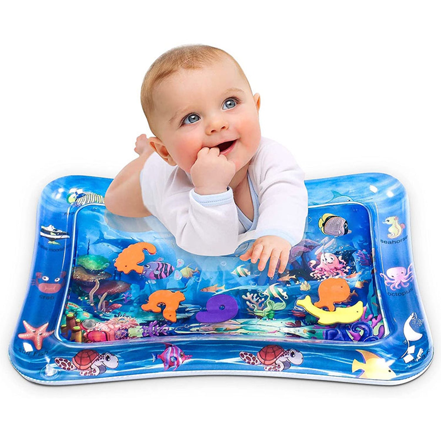 Inflatable Wukusy baby water mat with colorful designs, suitable for infants aged 3 to 15 months, as a fun activity center.
