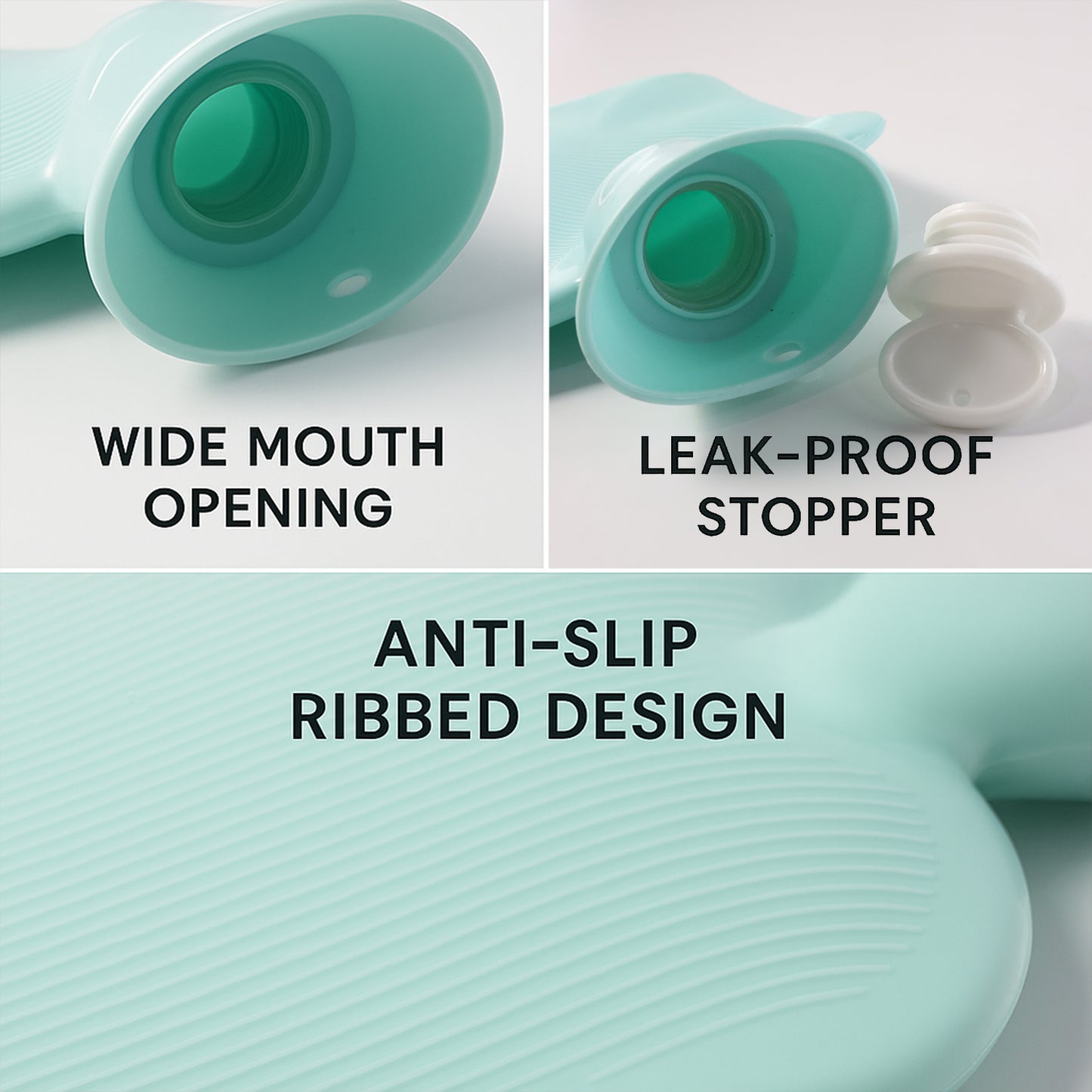 Wukusy premium rubber hot water bag measuring 19x13 cm, filled with hot water, ready for use, on a neutral background.