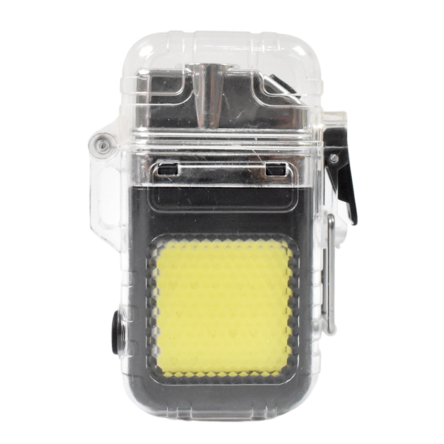 Wukusy USB rechargeable electric lighter with 3-mode COB flashlight, compact home improvement tool, shown with open lid and lit tip.