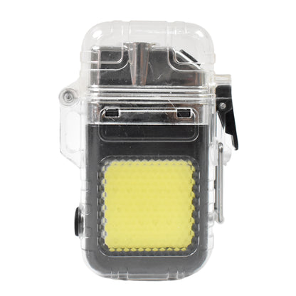 Wukusy USB rechargeable electric lighter with 3-mode COB flashlight, compact home improvement tool, shown with open lid and lit tip.