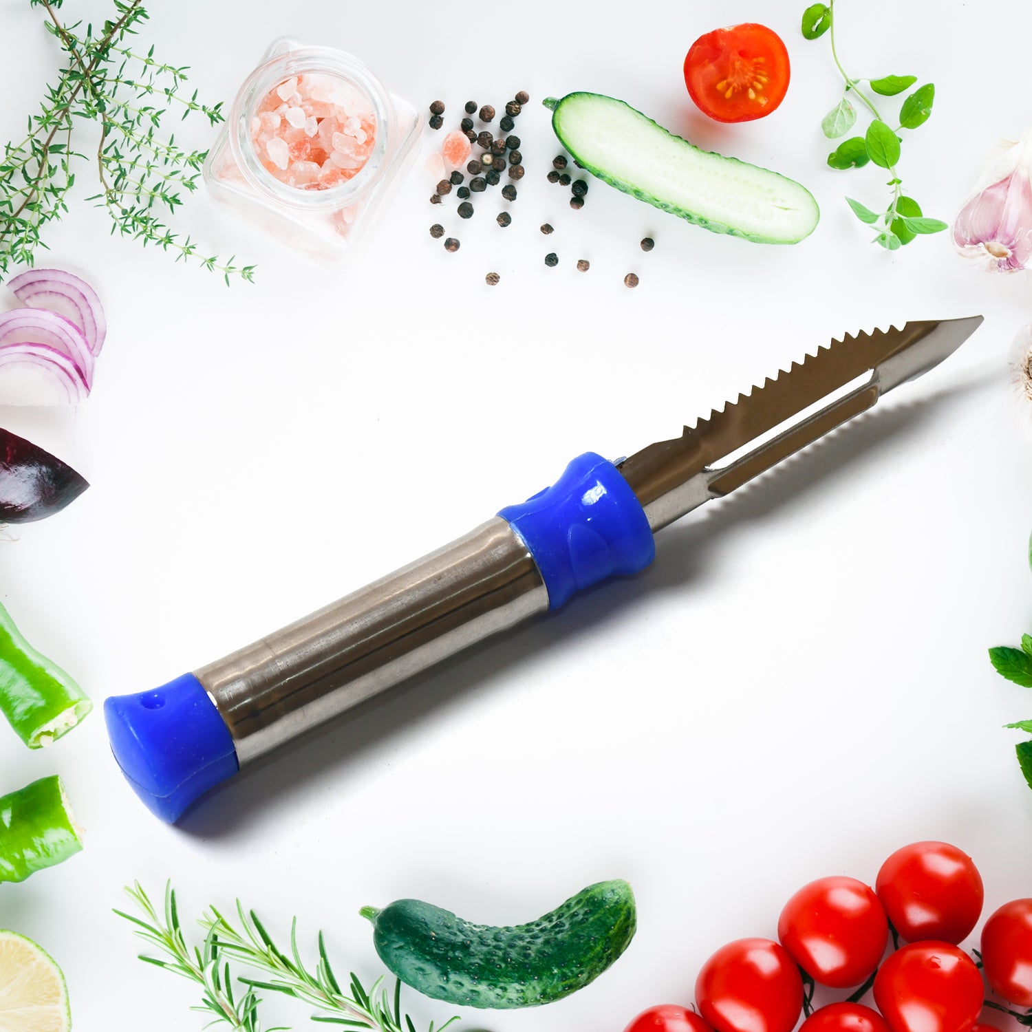 Wukusy 2-in-1 stainless steel vegetable peeler with hanging ring for peeling and shredding carrots, potatoes, and fruits in the kitchen.