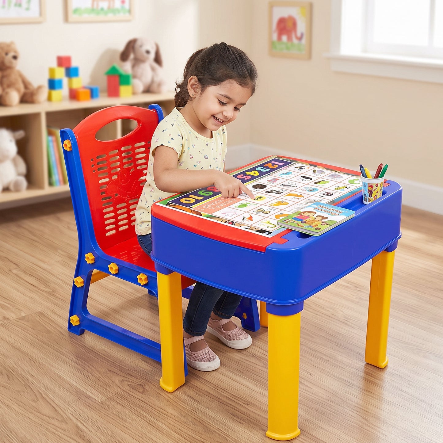 Wukusy 2-in-1 plastic kids study table and chair set with learning board, featuring colorful design and sturdy construction.