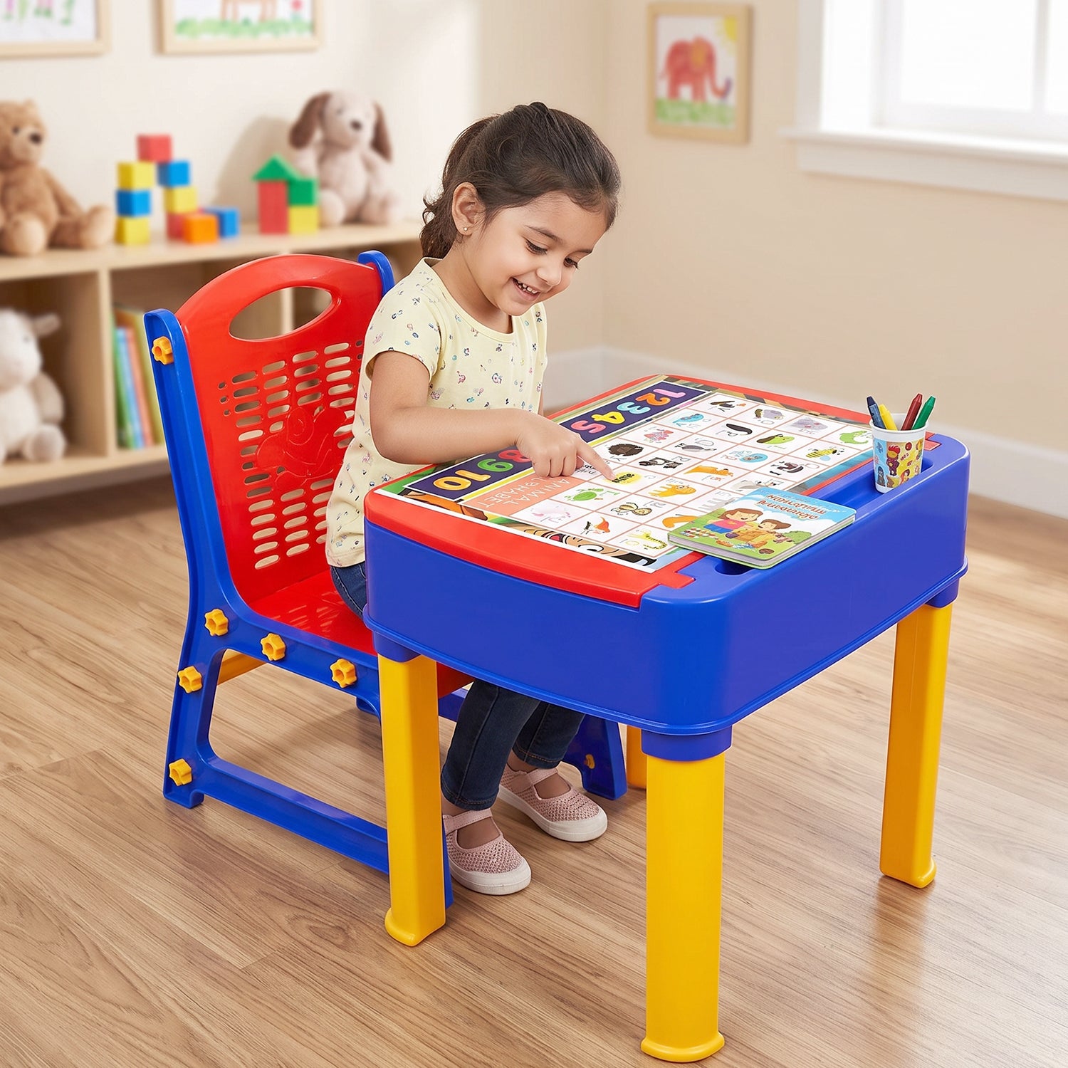 Wukusy 2-in-1 plastic kids study table and chair set with learning board, featuring colorful design and sturdy construction.