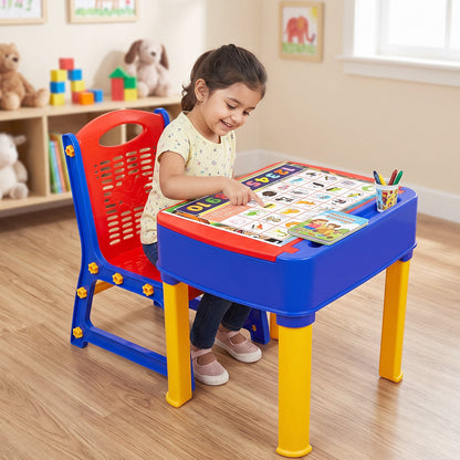 Wukusy 2-in-1 plastic kids study table and chair set with learning board, featuring colorful design and sturdy construction.