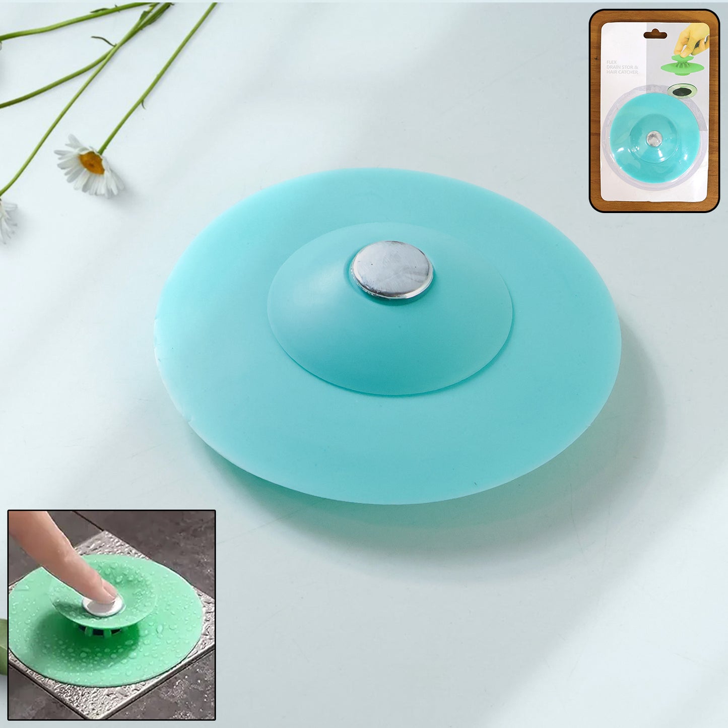 Flexible silicone sink drain cover hair catcher strainer by Wukusy, showing a close-up of the black silicone drain cover in a sink.