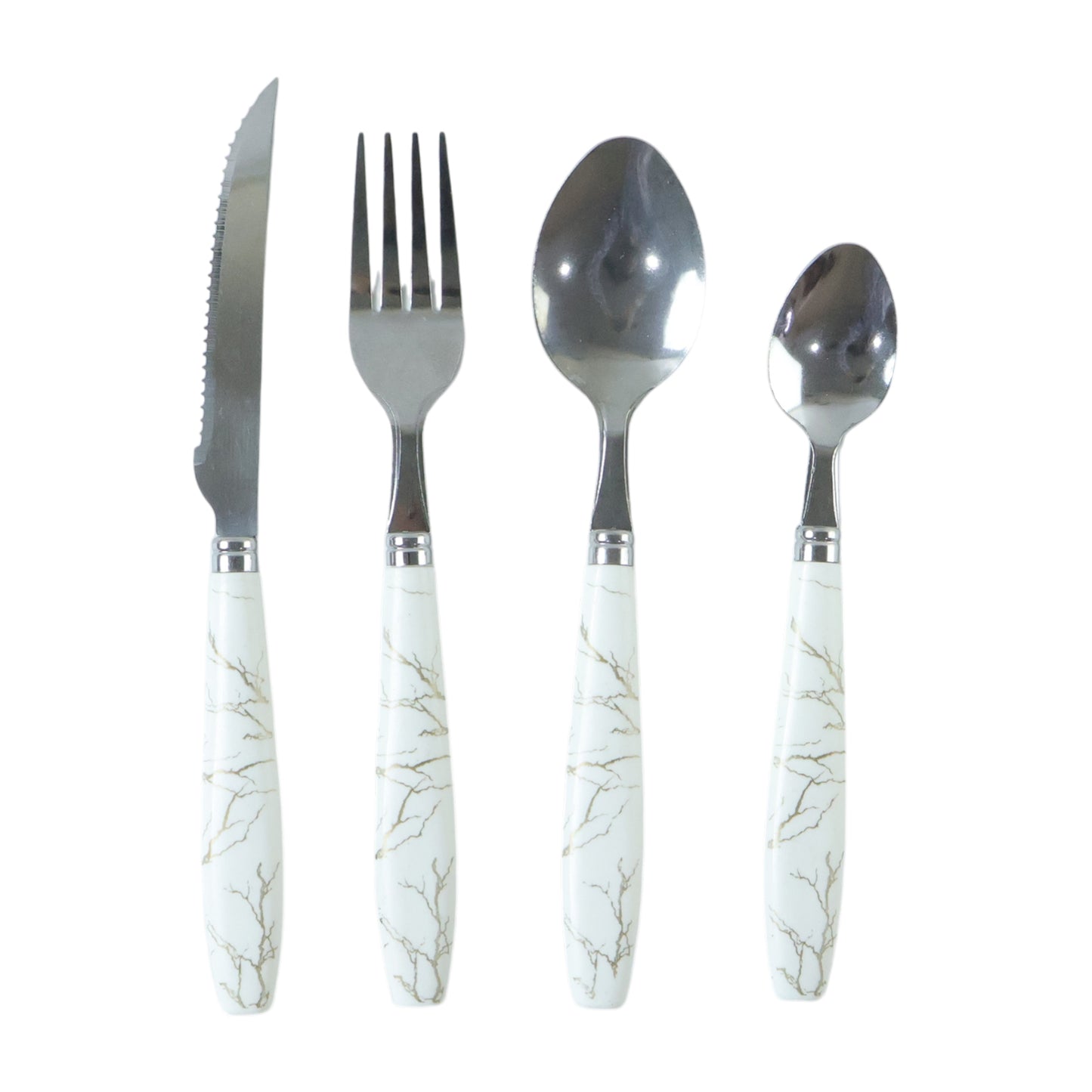 Wukusy stainless steel cutlery set with marble design handles, includes four utensils with elegant, modern marble accents.