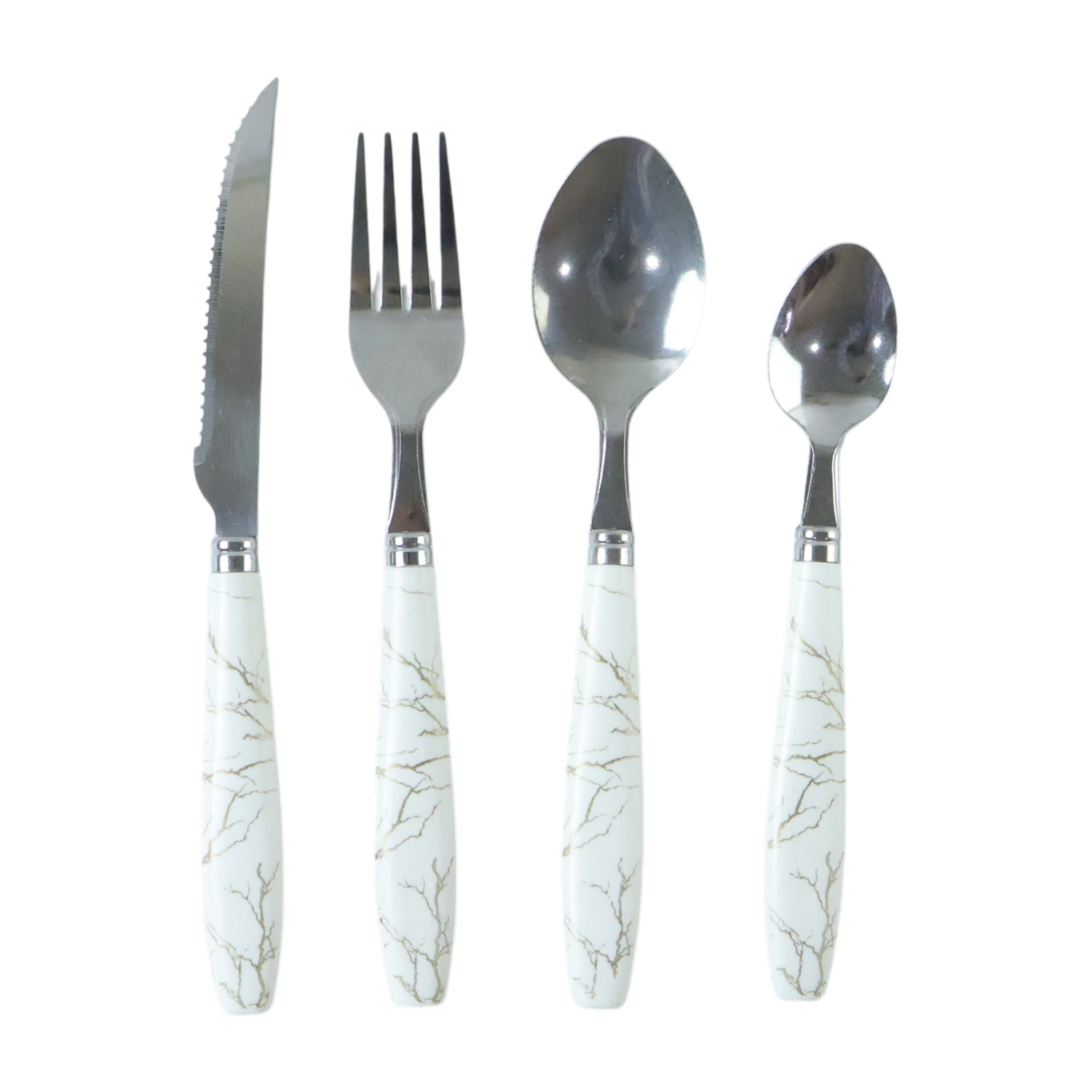 Wukusy stainless steel cutlery set with marble design handles, includes four utensils with elegant, modern marble accents.