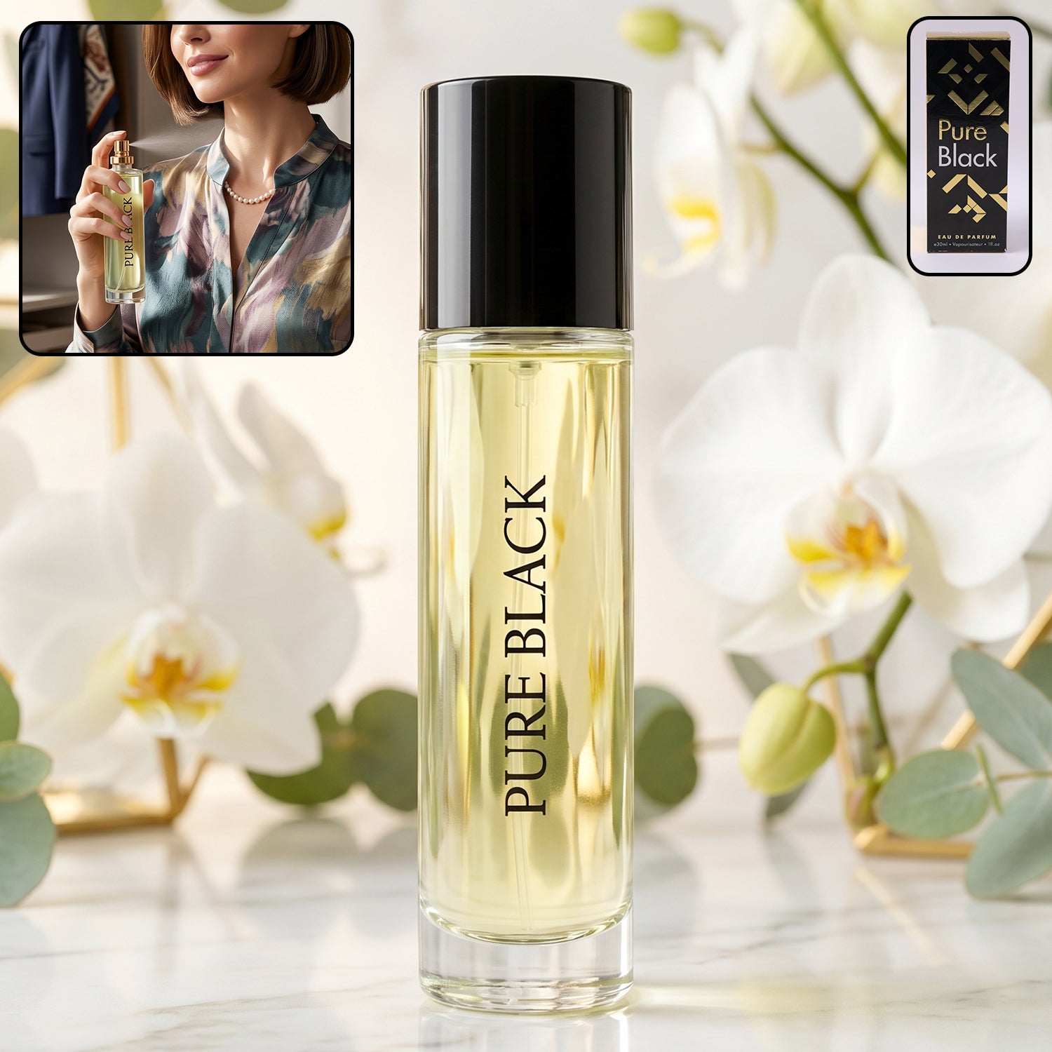 Wukusy Pure Black Eau De Parfum spray bottle, 30ml, with sleek black packaging and elegant design.