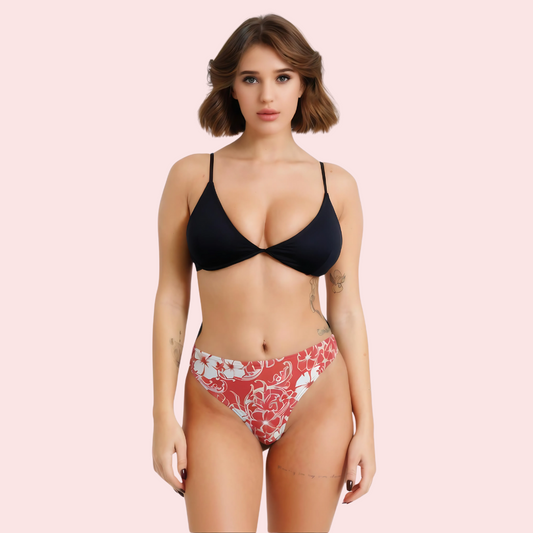 Red and white floral print high-cut thong bikini bottom by Snazzyway, featuring a sleek, minimal design with vibrant floral pattern.