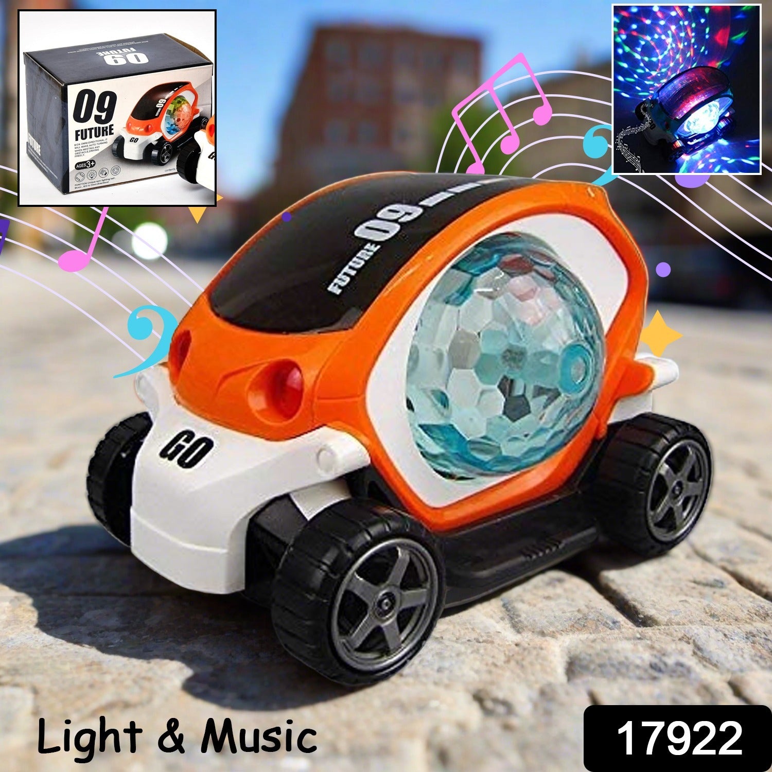 Wukusy plastic 360-degree rotating stunt car toy for kids with bump and go action, 4D lights, music, and a disco ball.