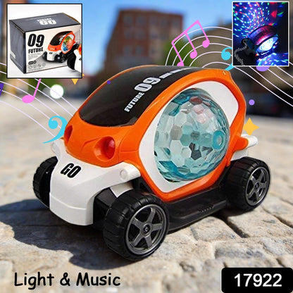 Wukusy plastic 360-degree rotating stunt car toy for kids with bump and go action, 4D lights, music, and a disco ball.