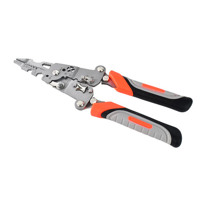 Wukusy 8-in-1 wire stripper pliers with soft grip handles, featuring multiple tools for stripping and cutting wires.
