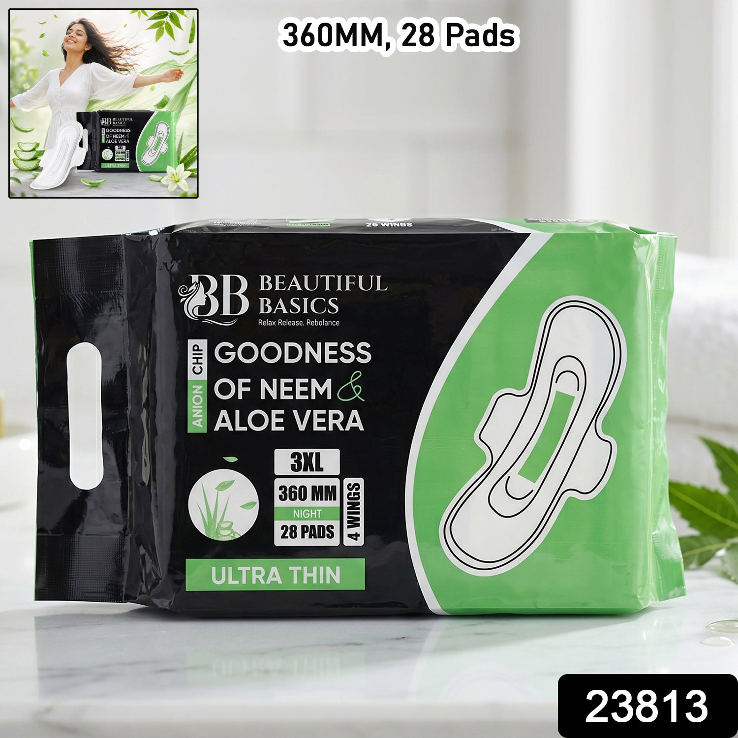 Wukusy Beautiful Basics Neem Aloe Vera sanitary pads 3XL night size, 360mm, 28 pads, showing the product packaging and pads