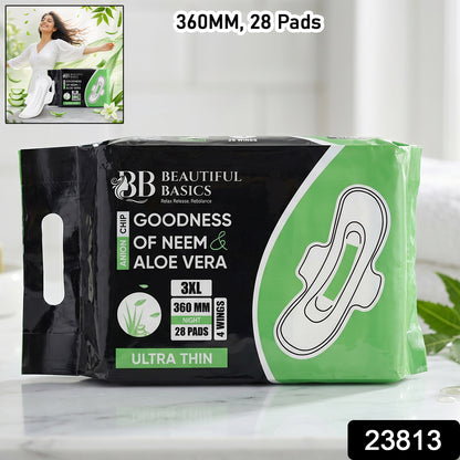 Wukusy Beautiful Basics Neem Aloe Vera sanitary pads 3XL night size, 360mm, 28 pads, showing the product packaging and pads