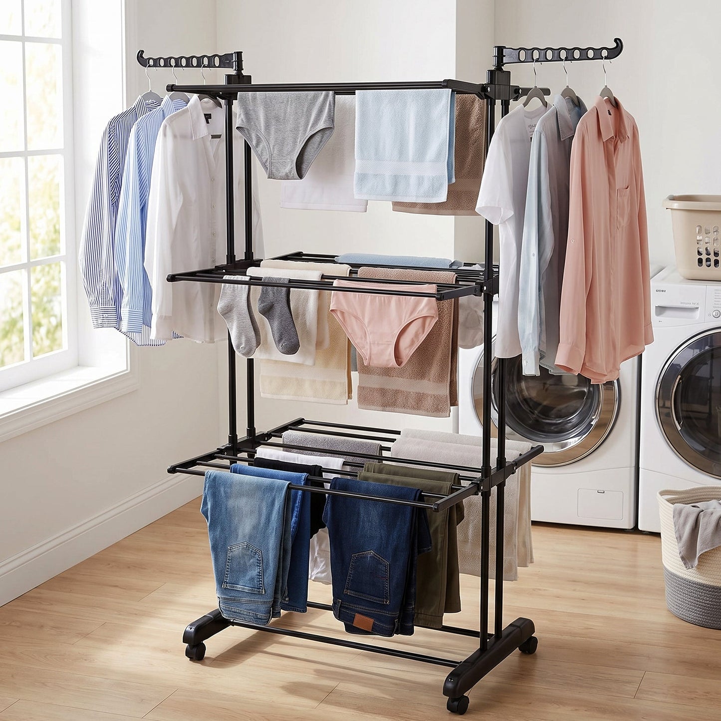 Wukusy metal expandable garment rack with 3 layers, cloth drying stand on wheels, suitable for clothes drying and storage